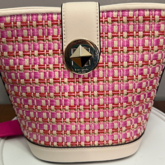 LIKE NEW KATE SPADE New York Audrey Pink Raffia Tweed Mini Bucket Crossbody - Picture 5 of 9